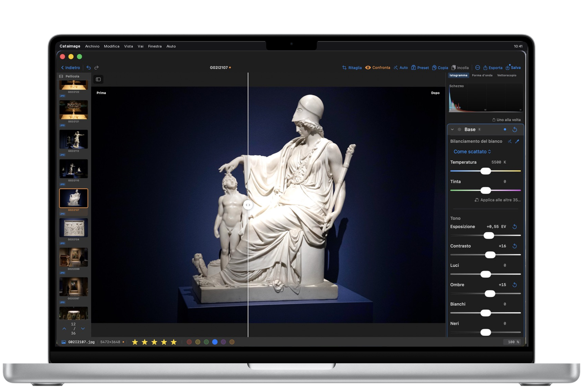 Confronto prima e dopo nell'editor di Cataimage su Mac